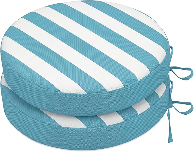SK Studio Round Outdoor Chair Cushions for Patio Furniture, Set of 2 Waterproof Patio Chair Cushion with Adjustable Ties for Garden Sofa Couch, Black and White Stripe, 20"x20"x2"