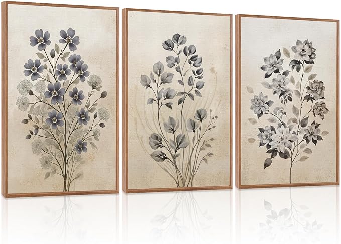 LHIUEM Vintage Flower Framed Canvas Wall Art,Boho Botanical Wall Decor,Rustic Beige Floral Painting,Nature Wildflower Artwork for Living Room,Bedroom,Dining Room,Farmhouse -16"x24"x3