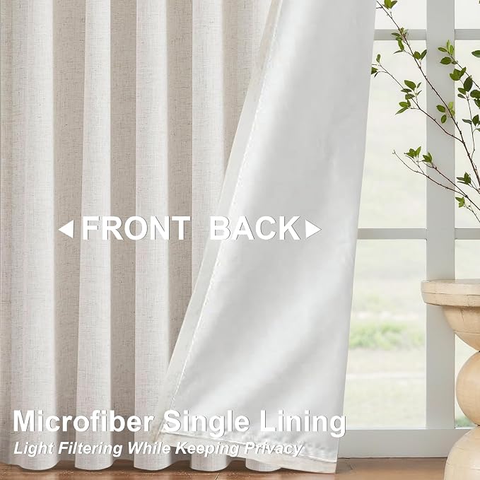 Vision Home Natural Pinch Pleated Light Filtering Curtains 60" Wx108 Lx2 | Microfiber Liner, Linen Blended, Privacy Drapes, Back Tabs with Ring Hooks, 2 Panels, for Living Room Bedroom Sliding Door