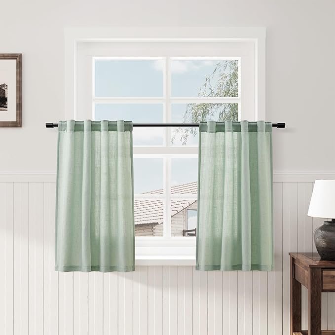Aqua Green Linen Kitchen Curtains 36 Inch Length 2 Pack Light Filtering Semi Industrial Style Transparent Linen Blend Short Drapes Back Tab Rod Pocket for Small Windows Cafe Bathroom Garage 26Wx36L