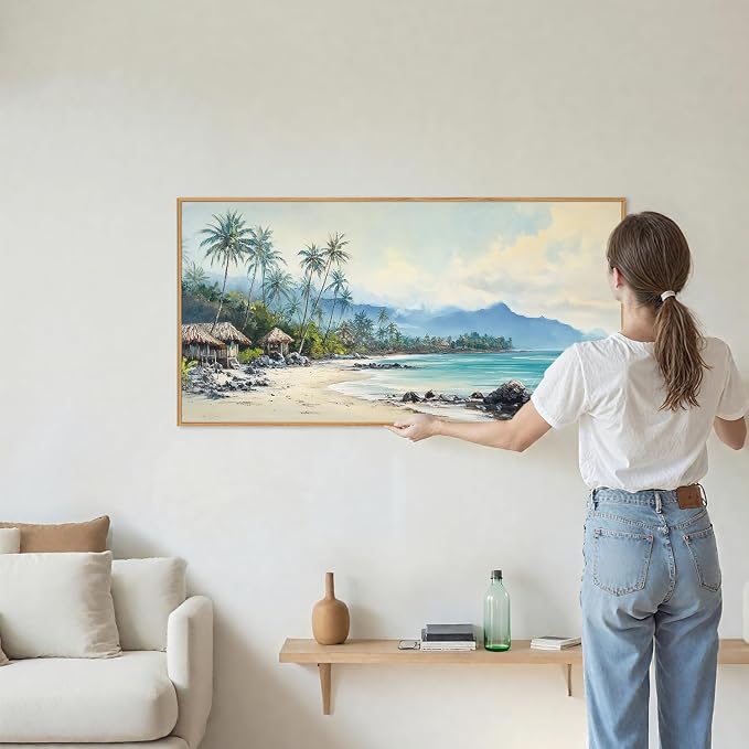 Rantodecor Tropical Coastal Framed Canvas Wall Art, Beach Landscape Posters Wall Decor, Island Palm Trees Beach House Art Paintings, Seascape Mountains Artwork for Bedroom Living Room Office 40"x20"