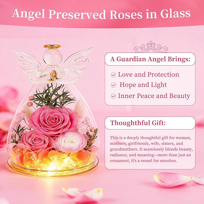 Gifts for Women Preserved Rose Forever Flower Eternal Roses in Glass Angel Figurines Fresh Flowers for Delivery Prime Mothers Day Birthday Gift for Mom Grandma Wife on Valentines Day Anniversary