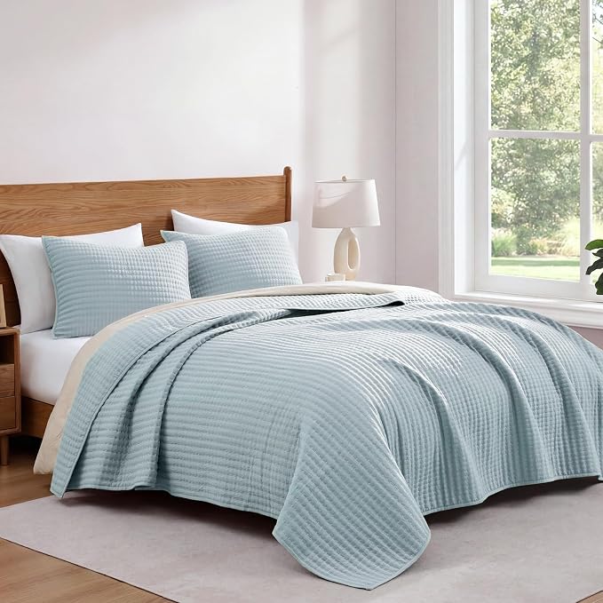 WRENSONGE Queen Quilt-3 Pieces Lightweight Bedspreads Sky Blue Queen Size Quilt Bedding Set for All Seasons, Soft Summer Coverlet with 2 Pillow Shams Suitable for Bed & Couch