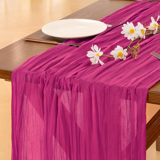 Socomi 10pcs Hot Pink Cheesecloth Table Runner Fuchsia Boho Rustic Gauze 120 inch 10FT Cheese Cloth Runner for Wedding Party Baby Shower Birthday Home Decor Holiday Decorations