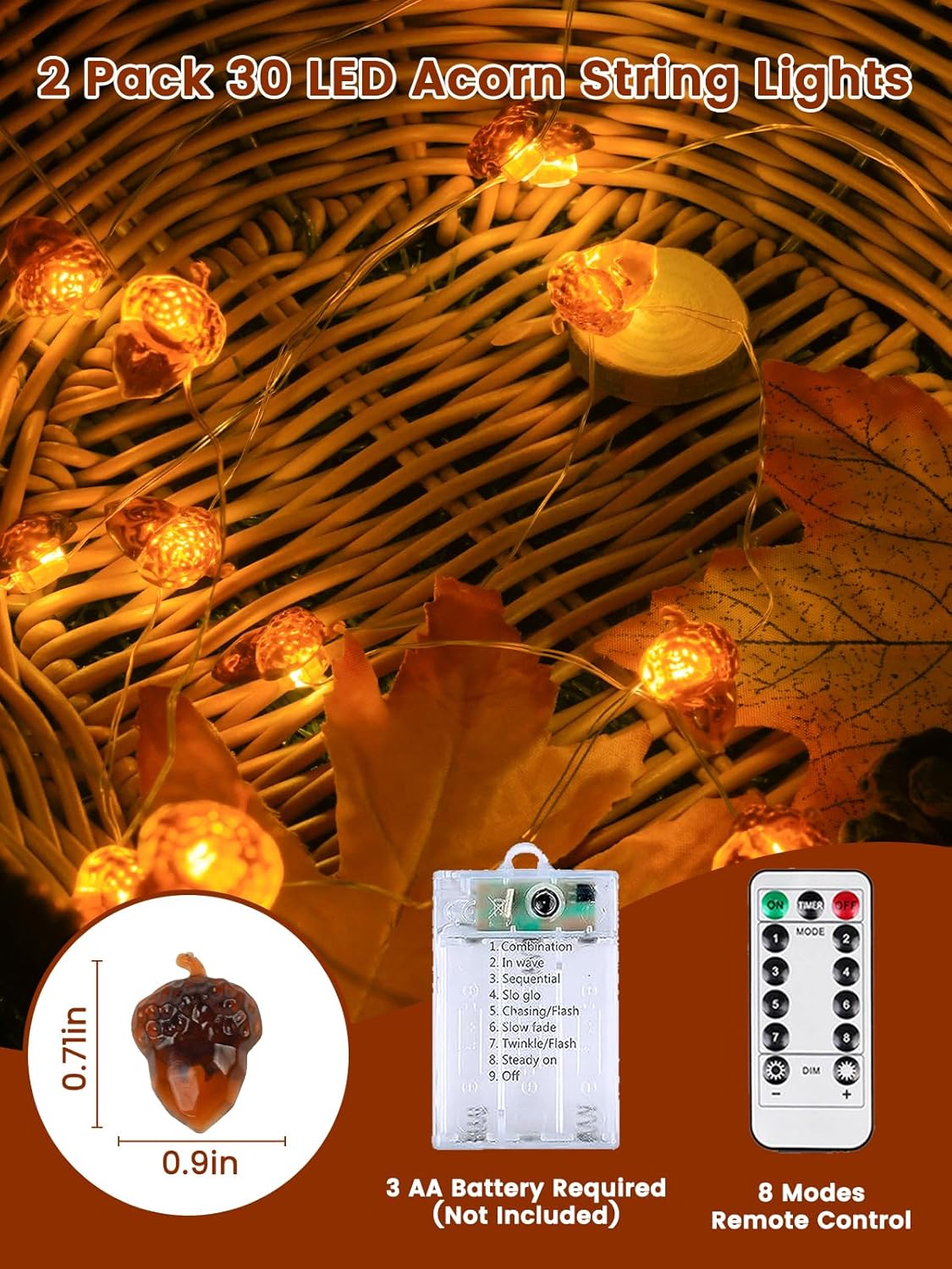 2 Pack 60LED Fall Decoration Acorn String Light Battery Operated, 20FT Fall Lights with Remote, Waterproof 8 Modes Fairy Lights for Autumn Harvest Thanksgiving Halloween Decor