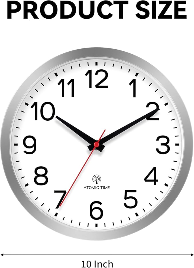 AKCISOT Atomic Silver Wall Clock Analog Clocks Battery Operated Clock for Bedroom Office Classroom Living Room(10 Inch)