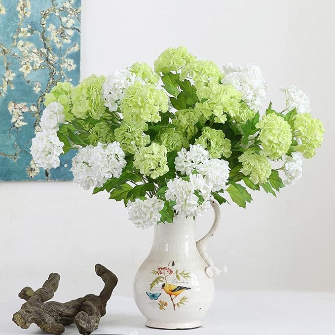 RUZUQE YalzoneMet 4pcs Viburnum Artificial Flower Snowball 26.8'' Long Stem Green Small Hydrangea Flower Real Touch Lifelike Latex Flower for Home Christmas Decoration Xmas Table Flower