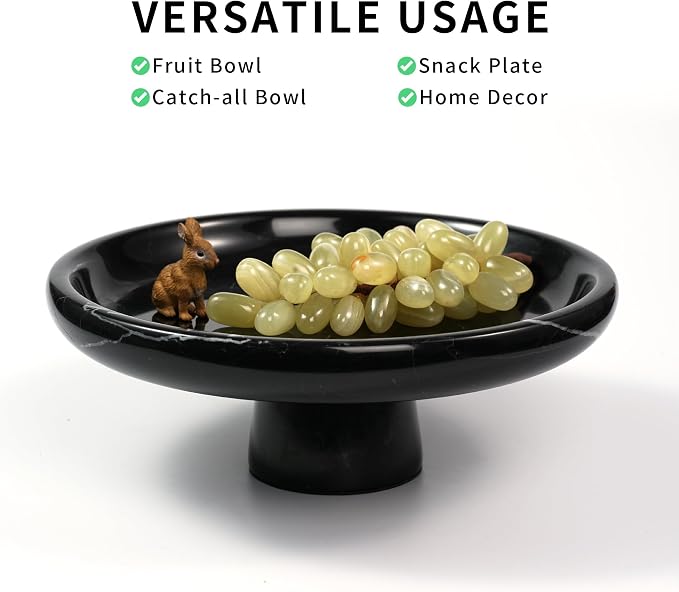 Marble Fruit Bowl for Kitchen - 9.9" Black Decorative Stone Pedestal Bowls for Home Decor, Footed Fruits Holder For Dining Table Counter Organization