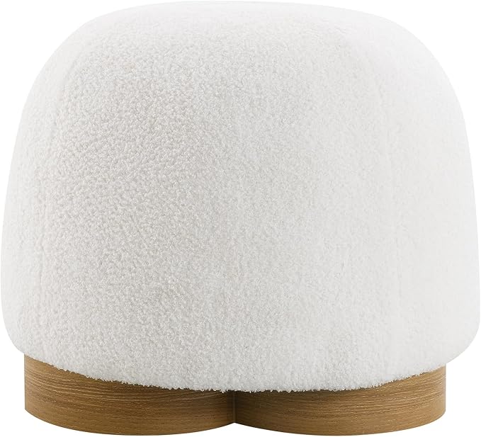 GDFStudio 20" Round Teddy Fabric Ottoman Stool, Upholstered Footrest with Foam Seat, Modern Accent Ottoman, Entryway Bedroom Vanity Stool, Fully Assembled, Metal Trim Base, White