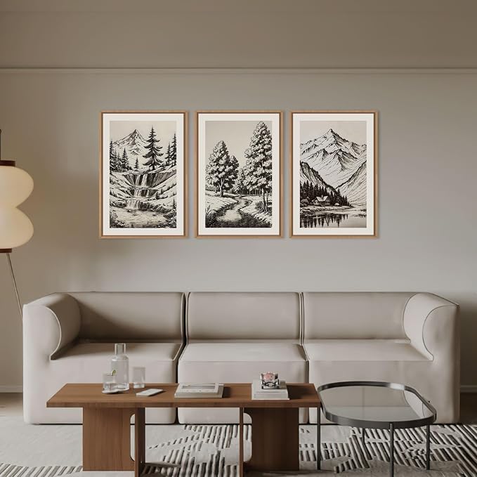 HOURIA Vintage Sketch Pine Tree Mountain Framed Canvas Wall Art Set,Moody Retro Antique Wilderness Botanical Ridge Decor,Modern Natural Black White Artwork for Living Room,Bedroom,Farmhouse- 16"x24"x3