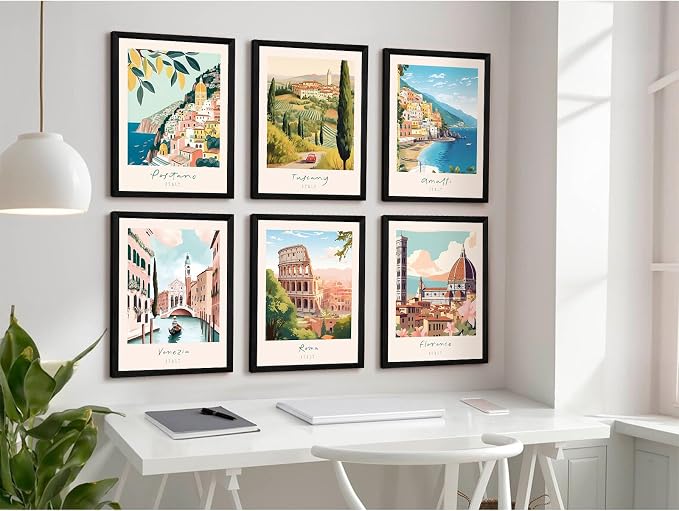 Italian Italy Wall Art Decor Amalfi Coast Travel Poster Italy City Canvas Wall Art Vintage Landscape Beach Painting Artwork Modern for Bedroom Living Room 8x10 Prints Wood Framed Set of 6