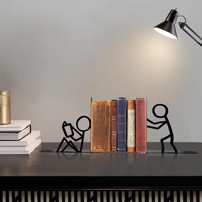 Bookends Decorative Metal Unique Office Desk Bookends Cute Book Ends Reading Decor Bookshelf Decor for Office School Library Bedroom, Book Lovers Gift
