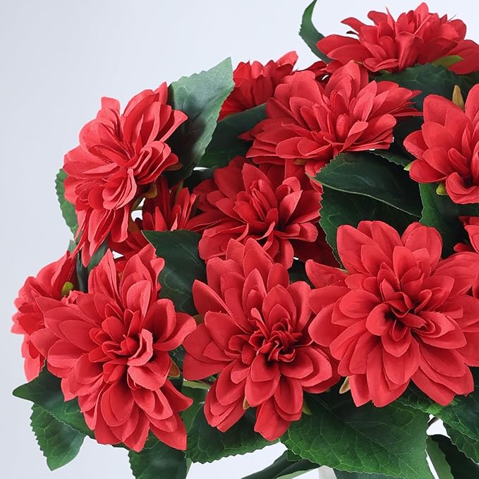 VIERENA 16 Bundles Artificial Dahlia Flowers for Outdoors Spring Summer Decor, No Fade Silk Flower Faux Dahlias Plant Arrangement for Home Garden Balcony Farmhouse（Red）