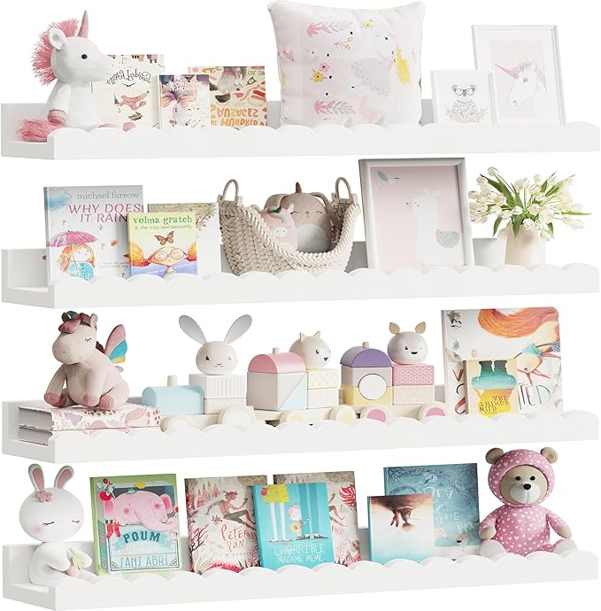 Yirilan 4-Pack 23.5IN Scalloped Shelves, Nursery Shelves for Wall, Floating Nursery Book Shelves for Kids, White