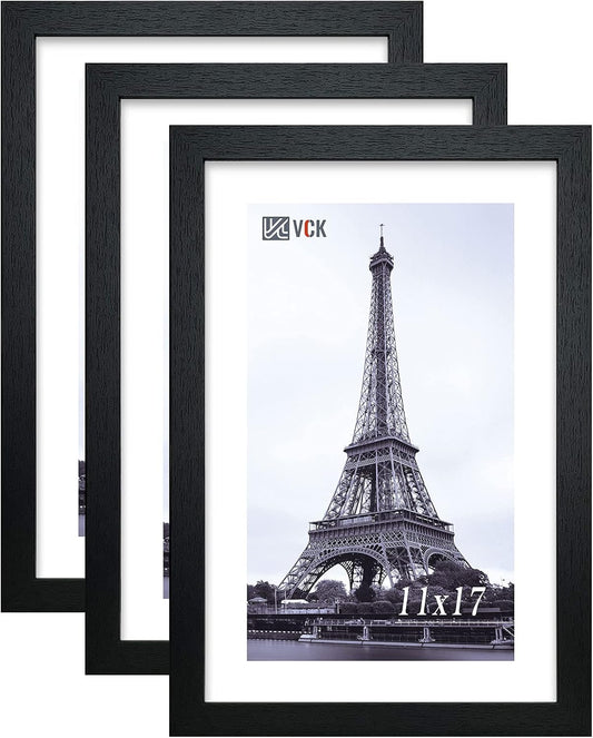 VCK Poster Frame 11x17 Set of 3, Wood Black Picture Frame, Wall Gallery Photo Frames, 3 Pack