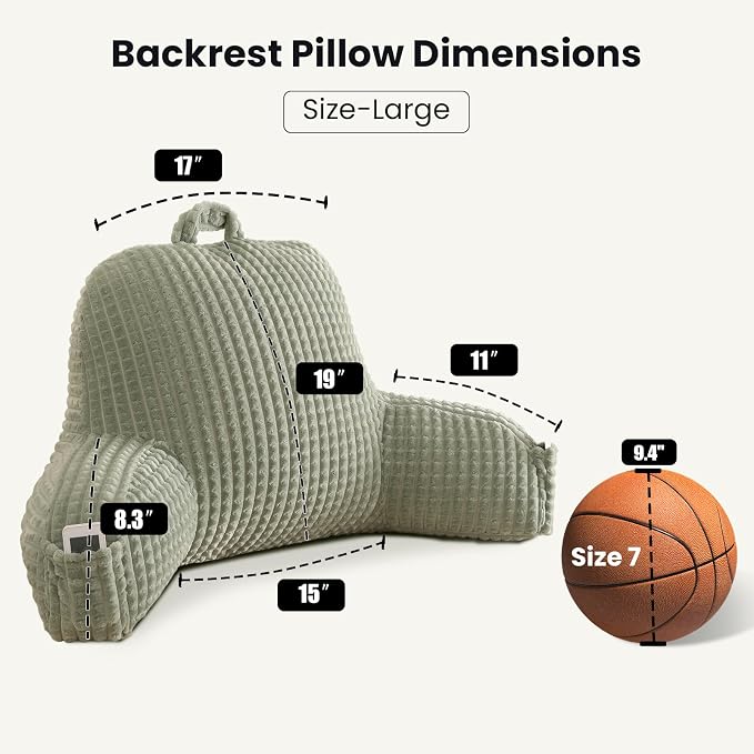 Reading Pillow with Arms for Bed Sitting,Green Flannel | Large Supportive Backrest with Arms Helps Ease Neck,Shoulder & Arm Strain While Gaming Reading or Watching TV