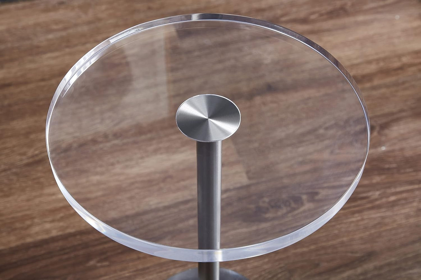 Clear Acrylic End Table,Side Table,Brushed Silver Metal,Round,for Office, Living Room and Bedroom,Easy Assembly,12x12 inch，21.3 inch high