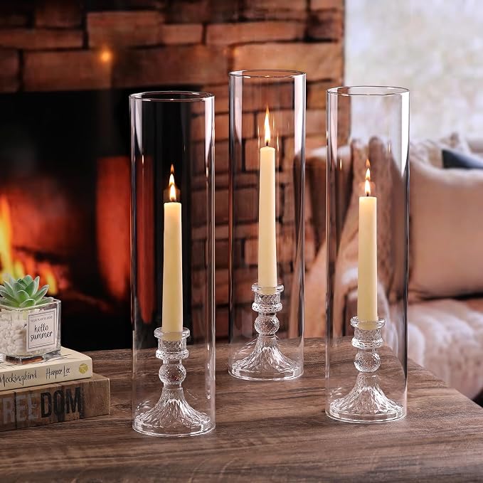 6 Set Hurricane Glass Candle Holders for Taper Candles, Candlestick Holders with Windproof Glass Tubes 13.4" H, Taper Candle Holders for Wedding, Dinner Table Centerpieces, Festival and Party Decor