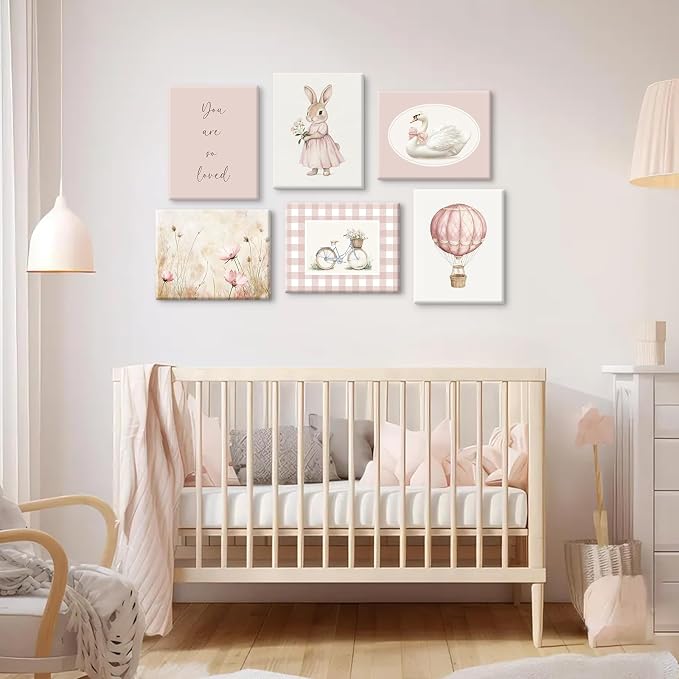 Pink Nursery Wall Art Decor Baby Girl Room Pictures Vintage Nursery Canvas Wall Decor Bunny Prints Floral Swan Poster Cute Rabbit Painting Artwork for Toddler Girls Bedroom 12x16x6 Inch Wrapped Canvas