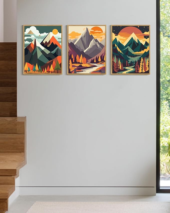 PHOPAGO Mountain Framed Wall Art Forest Wall Decor Nature Landscape Art Prints for Living Room Kitchen Decor - 11x14in Natural Framed