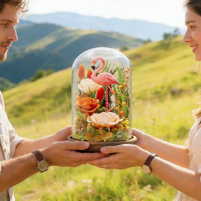 Eternal Flowers with Flamingo-Big Flower Big Love- Gifts for Mom Wife - Forever Flower in Glass Dome-Flowers for Delivery Prime | for Anniversary Birthday Mothers Day (Champagne)