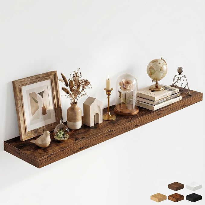 55 Inch Floating Shelves for Wall - 12 Inch Deep Fireplace Mantel Shelf - Wood Floating Shelf for Wall - Large Storage Shelves Wall Mount for Living Room & Bedroom - Rustic Brown - Set of 1