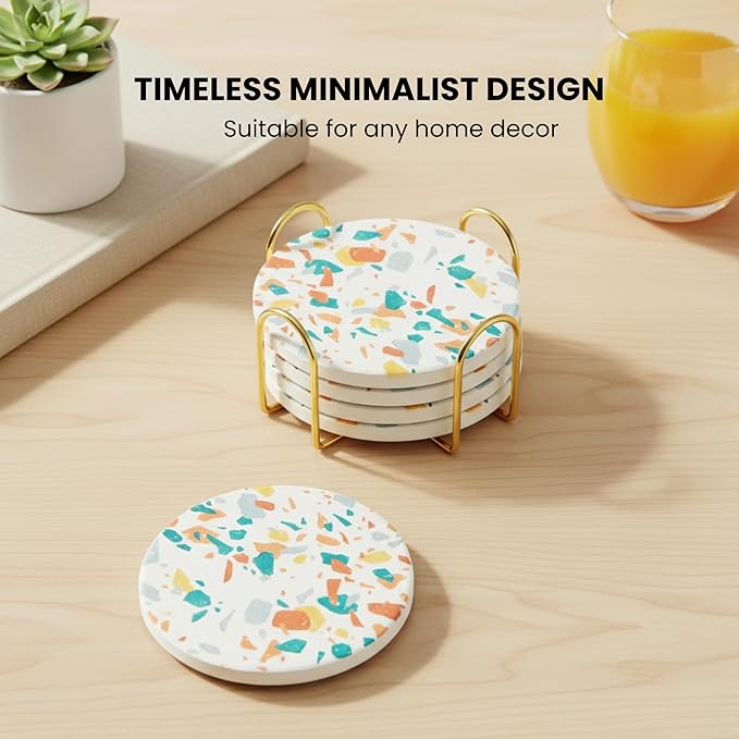 Absorbent Coaster Set of 6 with Holder, Drink Coasters for Coffee Table, Kitchen, Home Decor, Cute Ceramic Round Coasters, Alternative to Silicone, Cork or Glass Coaster (Splash)