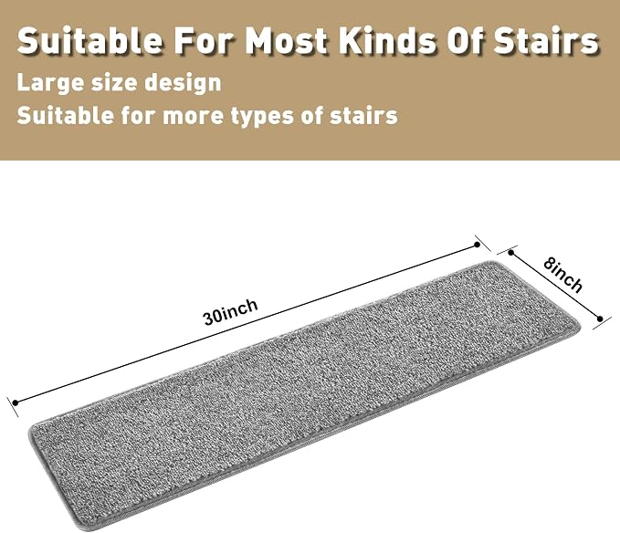 PURE ERA Carpet Stair Treads Tape Free Non Slip Indoor Stair Carpet Stair Protectors Pet-Friendly Non-Slip Skid Resistant Washable Reusable 8" x 30"(7 Pieces,Gray)