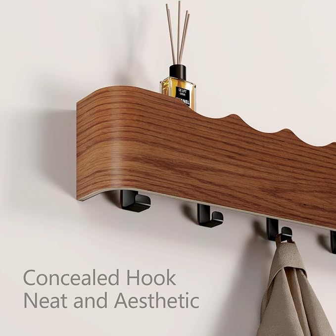 Wall Mounted Coat Rack with Shelf, Wooden Entryway Organizer with Hidden Metal Hooks for Hanging Coats Bags Keys, Modern Floating Shelf for Hallway Bathroom