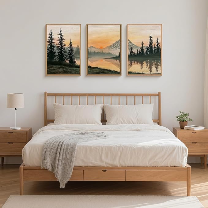 LHIUEM Nature Mountain Sunset Framed Canvas Wall Art,Boho Pine Trees Wall Decor,Sunset Forest Lake Painting,Modern Landscape Artwork for Living Room,Bedroom,Dining Room -24"x36"x3