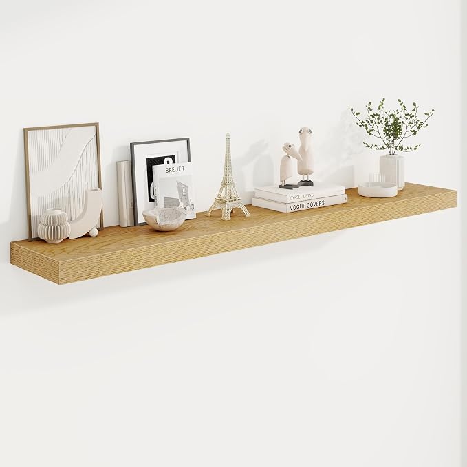 55in Floating Shelves for Wall, 55"W x 9.25"D x 1.5"H, Long Wall Mounted Engineered Wood Shelves with Invisible Brackets for Living Room, Bedroom, Bathroom, Kitchen Decor and Storage, Oak