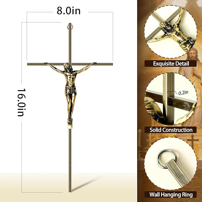 KUXBET Catholic Crucifix Wall Cross, 16 inch Metal Jesus Christ Cross, Handmade Hanging Wall Décor for Home, Religious Devout Give Faith Gift (16.0inch, Vintage)