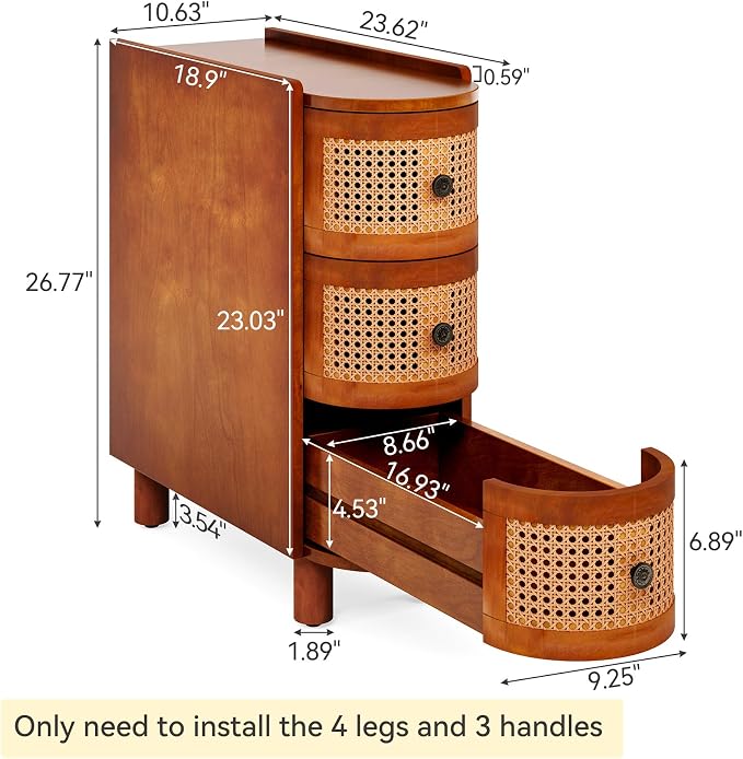 LITTLE TREE Solid Wood End Table Set of 2, Rattan Narrow Side Table with 3 Drawers, No Assembly Required, Nightstand Bedside Tables for Living Room, Bedroom, Office, Bathroom, Brown
