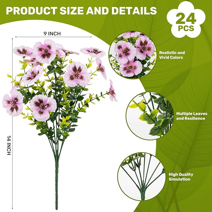 24 Pcs Artificial Fake Pansy Flowers for Outdoor,Faux Silk Plants Flowers UV Resistant Pansies Spring Flowers for Planter Front Door Porch Yard Patio garden Window Box Home Decor(Light Pink)