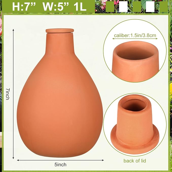 Blushtier 2 Pcs Watering Pots Large Terracotta Watering Pots with Lid 34 oz Terra Cotta Self Watering Pots Water Dripper Automatic Plant Irrigation Devices System for Indoor Outdoor Plants