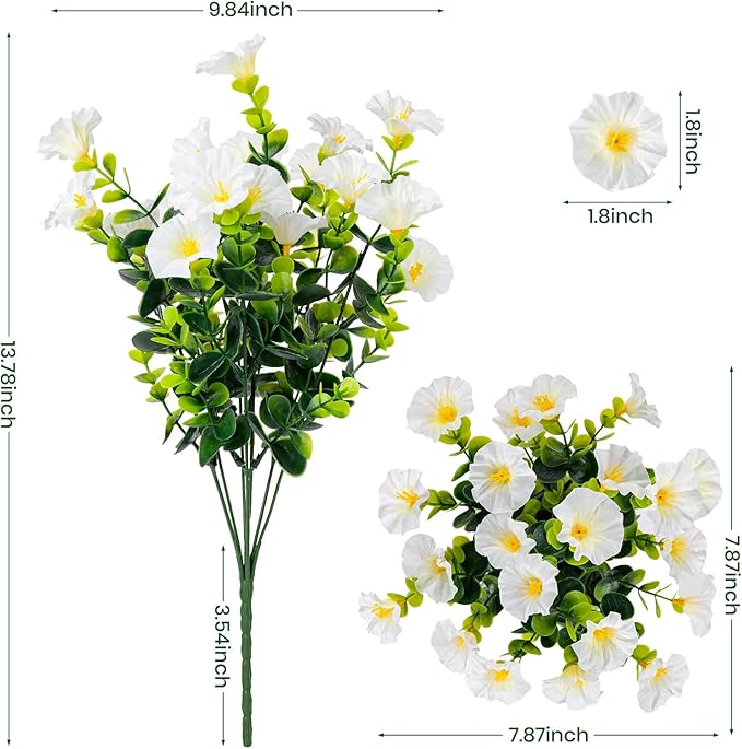 Nigirior Artificial Faux Flowers for Outdoor 16 Bundles Boxwood Fake Morning Glory for Planter,UV Resistant Fake Flowers for Home Porch Patio Outside（White）