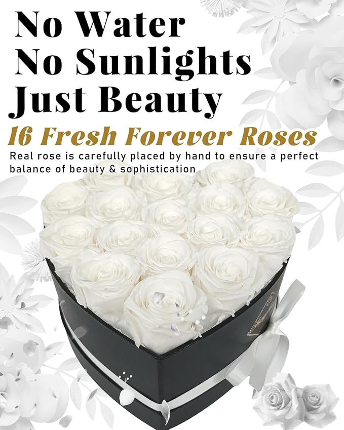 Changshunqi 16 Flowers Forever Preserved Roses in Box, Preserved Flowers Womens Birthday Gifts for Women Mothers White Rose Gift for Her Romantic Eternal Rose for Women Mom Friends