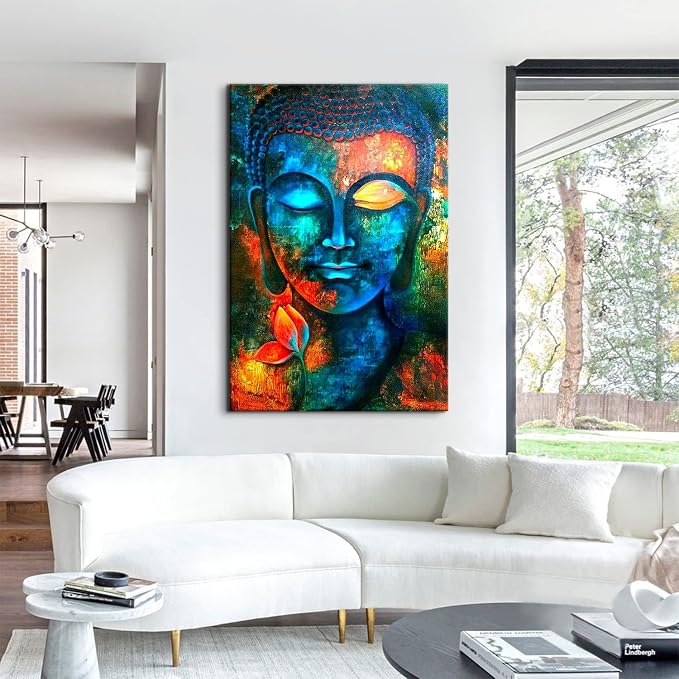 Blue Buddha Wall Decor Colorful Abstract Buddha Head Wall Art Zen Posters Modern Home Decor Living Room Study Bedroom Canvas Prints Painting Lotus Murals Hang Pictures Decoration 36x48 Inch