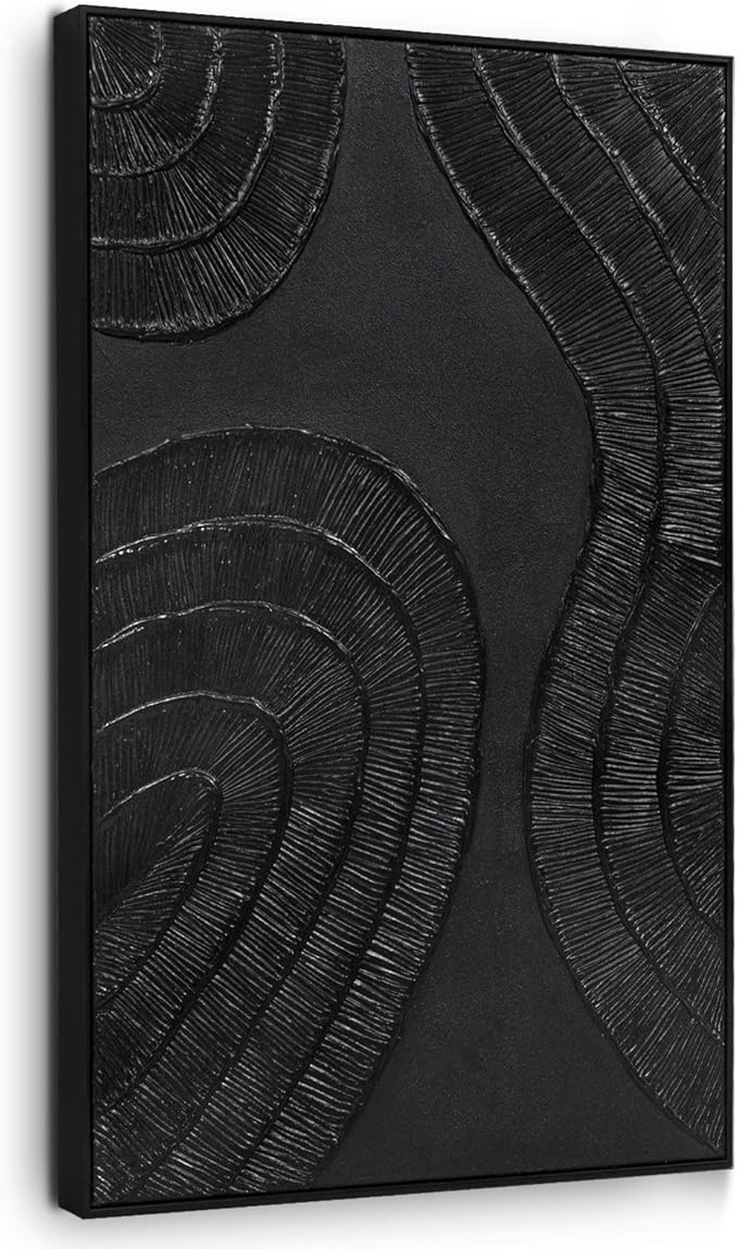 Textured 3D Abstract Hand-Painted Wall Art Large Black Thick Texture Minimalist Wall Art - 3D Contemporary Dimensional Home Office Living Room Modern Wall Decor Framed - 24"x36"