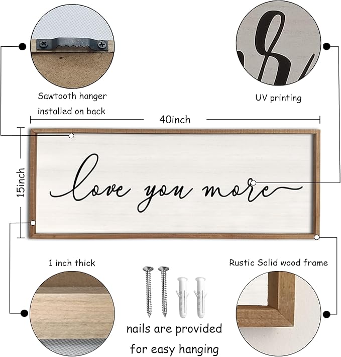 Love You More Sign Wall Decor 40''×15'' Large Vintage Framed Wood Modern Farmhouse Wall Decor for Master Bedroom Above Over Bed Minimalist Wall Art Hanging (Wood White)