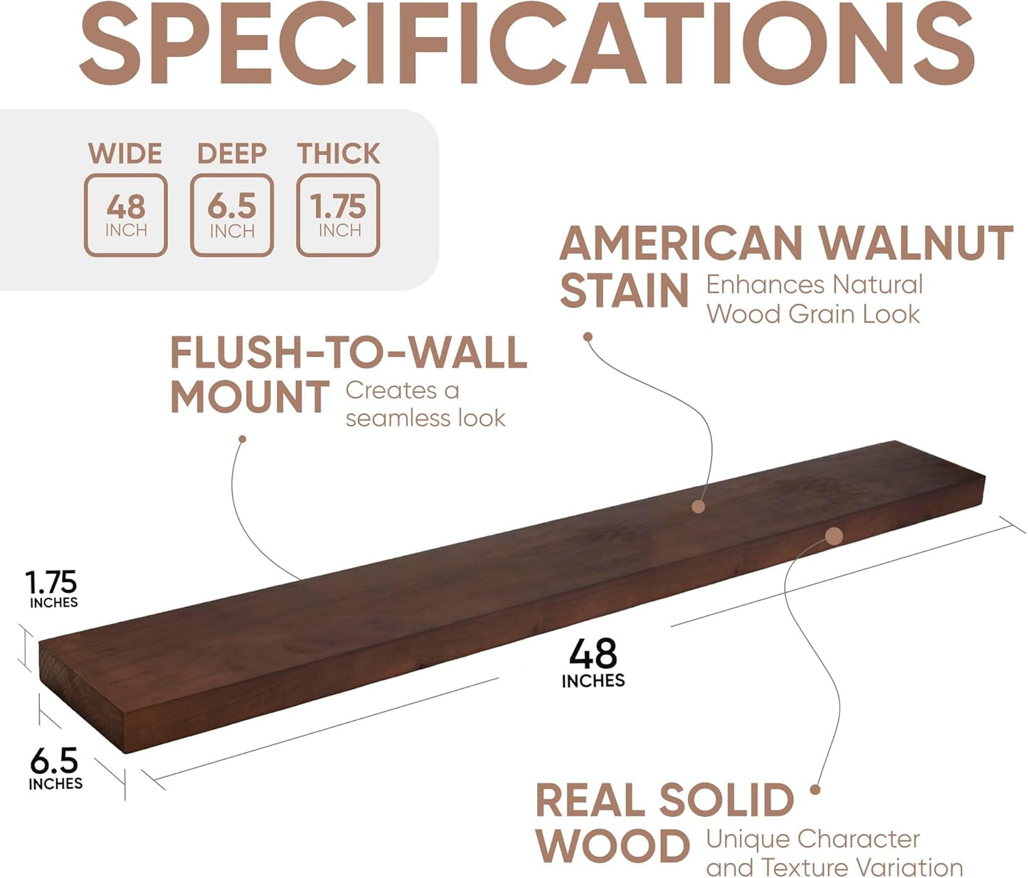 Homeforia 48 inch Walnut Floating Shelf, High End Solid Real Wood Large 48inch Floating Shelves for Wall, Dark Brown 48 inches Long Floating Shelves, Heavy Duty Bracket, 48 X 6.5 X 1.75 inch, Set of 2