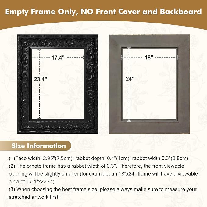 Antique French Canvas Frame for 24x32 Oil Paintings Diamond Art Prints, 2.6" Wide DIY Wood Gallery Wall Frame for Coffee Book Shop Dining Room Kitchen Decor, No Back & Glass (Black)