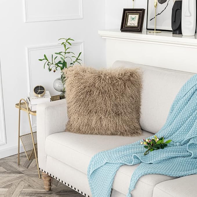 Mongolian Lamb Fur Throw Pillow Cover (16'' x 16'', Khaki), Real Sheep Fur Decorative Cushion Cover Case Home Decorative Square Throw Pillow Cover Plain Wool Pillow Protector