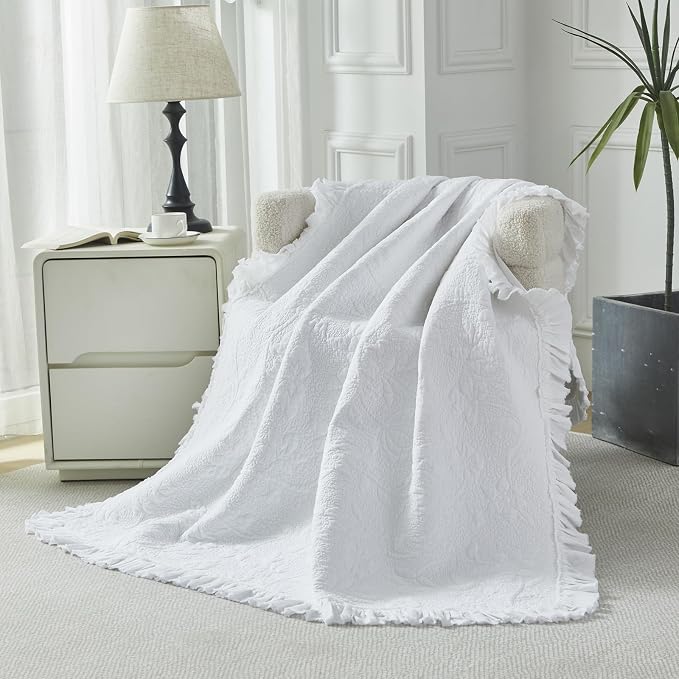 Brandream White Ruffle Quilted Throw Blanket Cotton Throws for Bed Couch Daybed 47 X 60 Inch Decorative Blankets