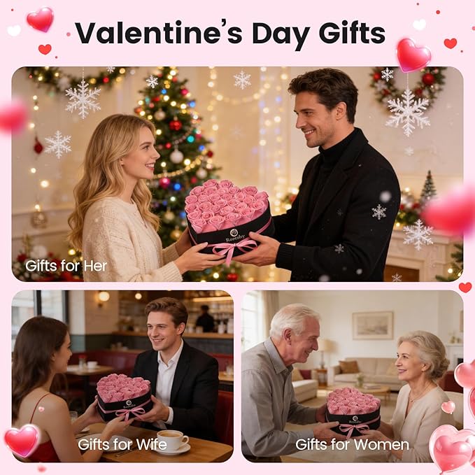 Valentines Day Flowers Roses Gifts for Her,28pcs Pink Forever Preserved Roses in Heart Shape Gift Box,Valentines Day Delivery Prime Gifts-Roses Gifts for Women,Mom.