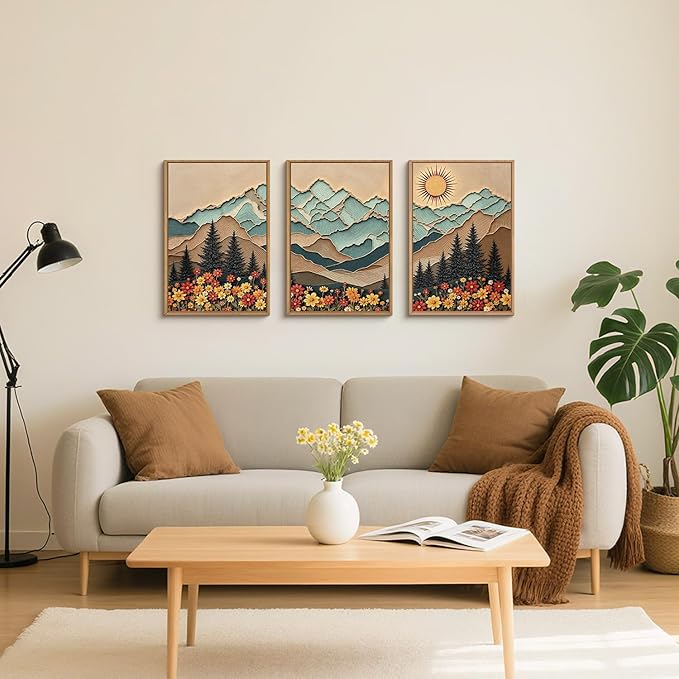 DRACIT Large Boho Wood Grain Mountain Framed Canvas Wall Art Set,Vintage Sunrise Forest Floral Wall Decor,Rustic Natural Wilderness Art Printing for Living Room,Bedroom,Office-24 x36 x3