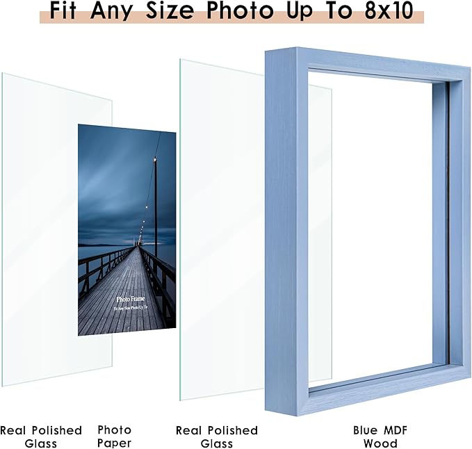 MUYE 8x10 Floating Frame Set of 2,Double Real Glass Photo Frame for Wall Hanging or Tabletop Standing,Display Any Size Photo up to 8x10,Blue
