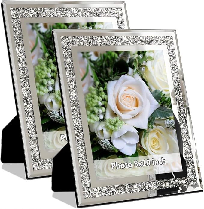 Crushed Diamond Wedding Mirror Photo Frame, Crystal Silver Glass Picture Frame For Photograph Size 8x10 inch, Pack of 2 Pieces, table top Stand frame & Wall Frame. Bling Sparkle Crushed Diamond Home