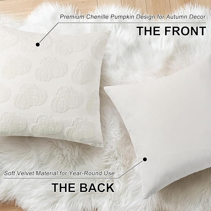 decorUhome Decorative Two Cream White Pumpkins Thanksgiving Throw Pillow Covers 18x18 Set of 2, Soft Chenille Jacquard Farmhouse Textured Pillow Covers for Couch Sofa Autumn Harvest Halloween Holiday