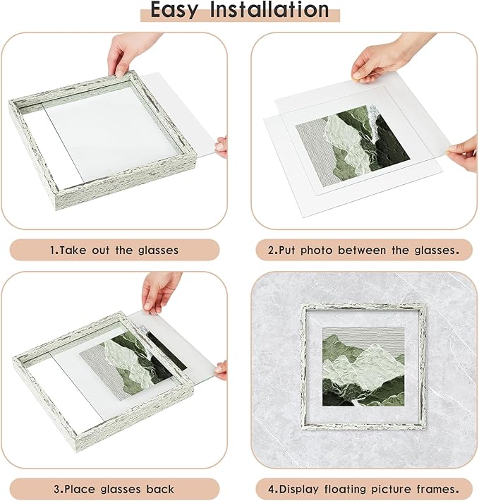 MUYE 12x12 Floating Frame Distressed Sage Green Wood Pattern Double Glass Square Picture Frame Set of 2 Display Any Size Photo up to 12x12,Wall Mount or Tabletop